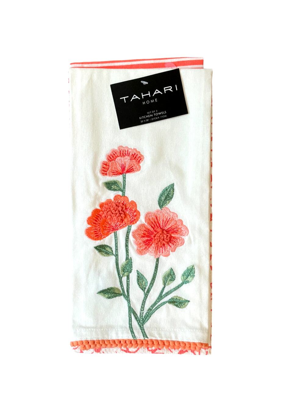 TAHARI HOME Spring Floral Embroidered Kitchen Towel Set of 3 Poppy Garden NEW